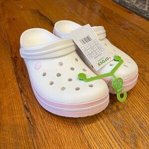 Crocs Crocband Clogs – White with Pink Stripe, Women’s 11 / Men’s 9 (NWT)